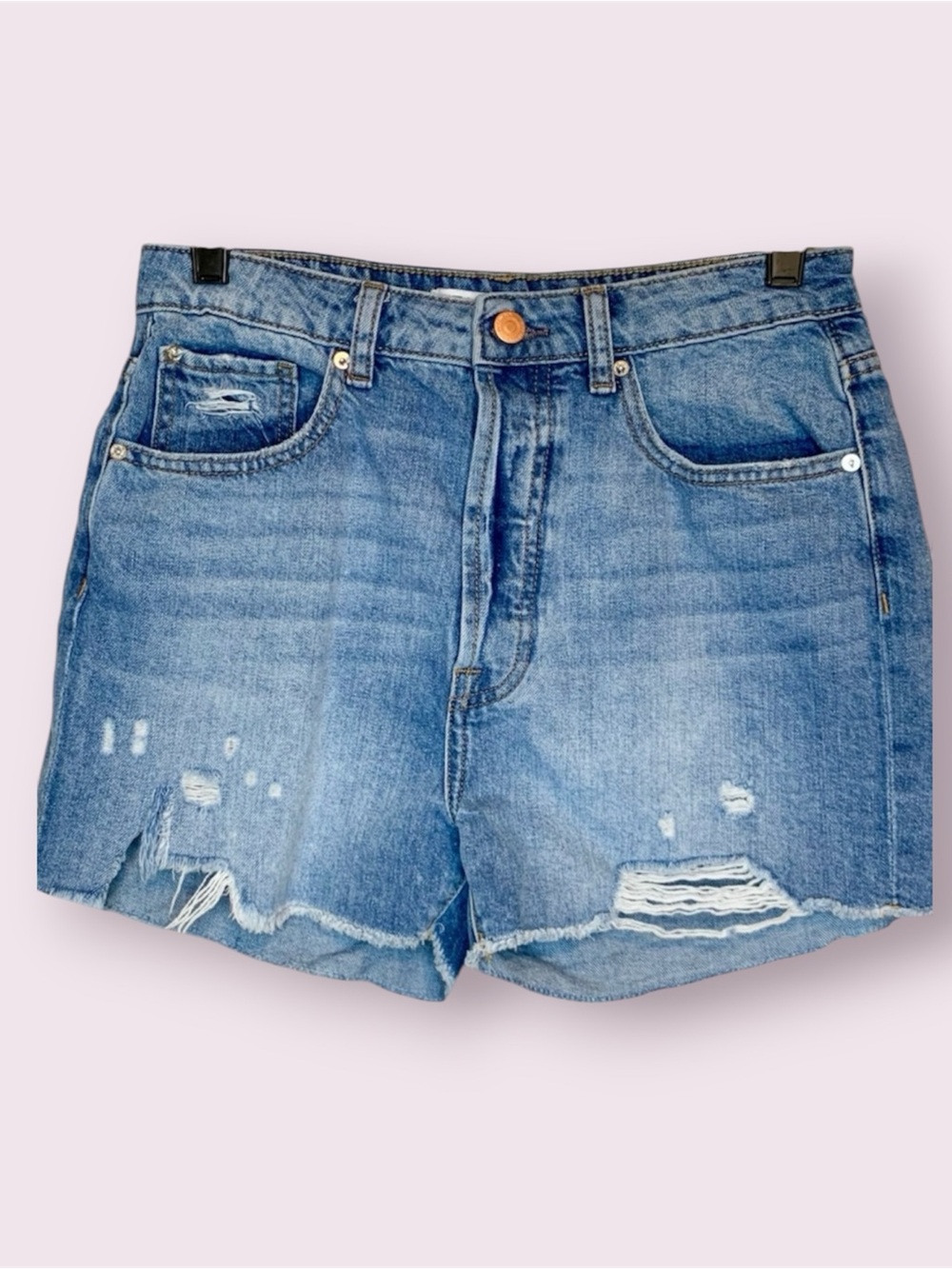 Zara Distressed Denim Jean Shorts Rose Gold Button Fly Blue Size 8
